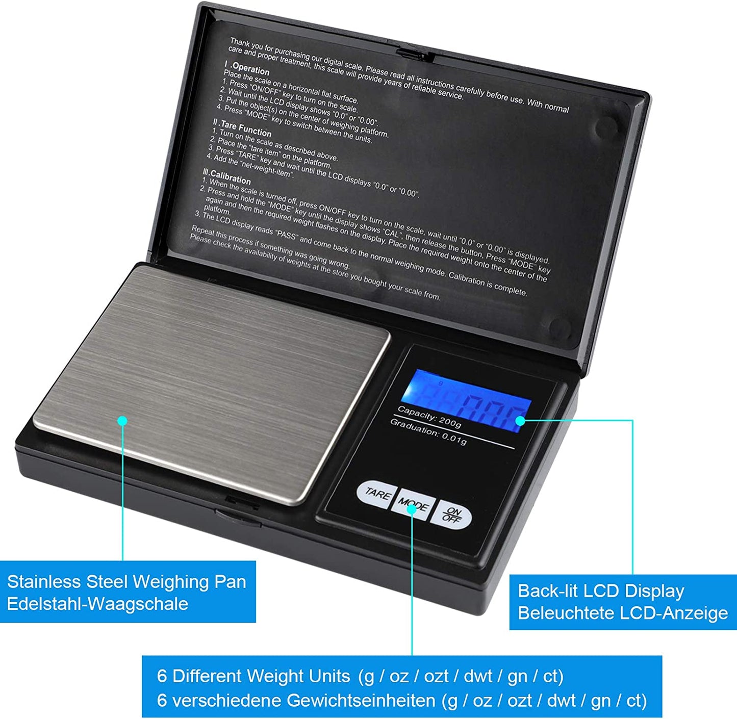 Ascher Digitale Taschenwaage, 200 x 0,01g, Taschenwaage Feinwaage Digitalwaage